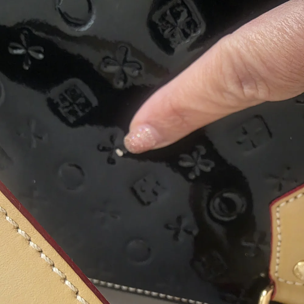 INVECE Blue Dark Patent Tote with Tan Handles - Women Bags.used,paint Defect.